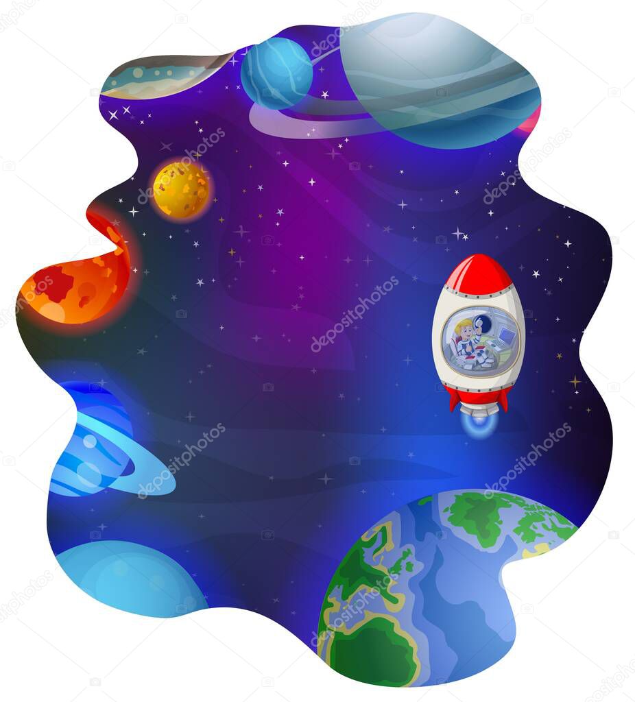 Solar System In Galaxy Space View With Rocket Cartoon