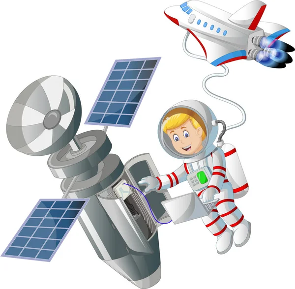 비행사 Red White Suit Uniform Satelite Rocket Airplane Shuttle Cartoon — 스톡 벡터