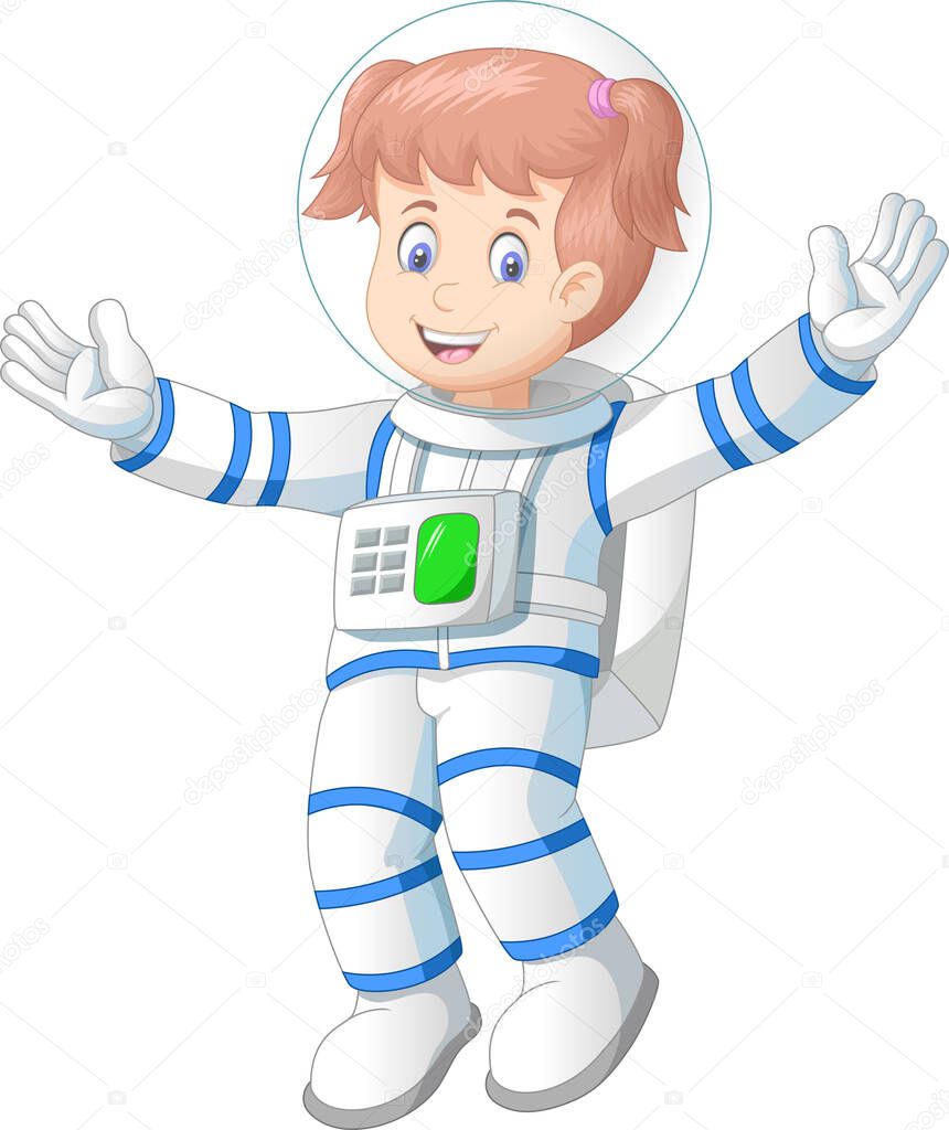 Beautiful Astronaut Woman in White Blue Suit Uniform Cartoon