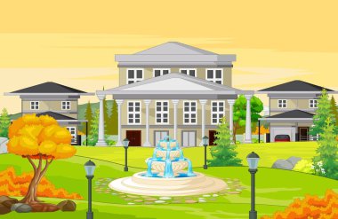 Çimen Tarlasında Su Fıskiyesi ve Ağaçlı Serin Evler Sonbahar Çizgi Filmi Vektör İllüzyonu