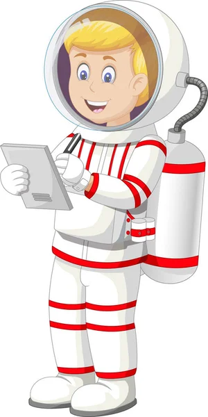 Homem Astronauta Branco Uniforme Vermelho Terno Com Caneta Placa Folha — Vetor de Stock