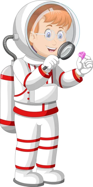 White Red Suit Uniform Magnifying Glass Purple Ruby Cartoon 우주비행사 — 스톡 벡터