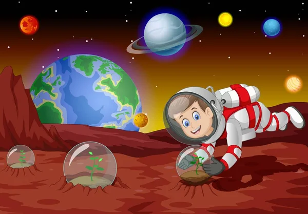Δροσερό Αγόρι Αστροναύτης Λευκό Κόκκινο Κοστούμι Ομοιόμορφη Φύτευση Στην Επιφάνεια — Διανυσματικό Αρχείο