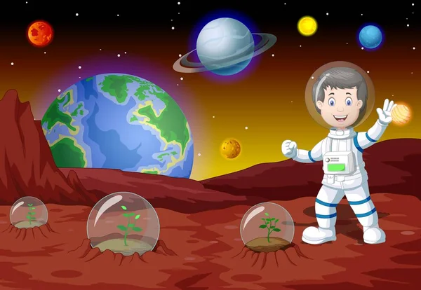 Astronautenmann Weiß Blauem Anzug Marsoberfläche Mit Anderen Planeten Hintergrund Cartoon — Stockvektor