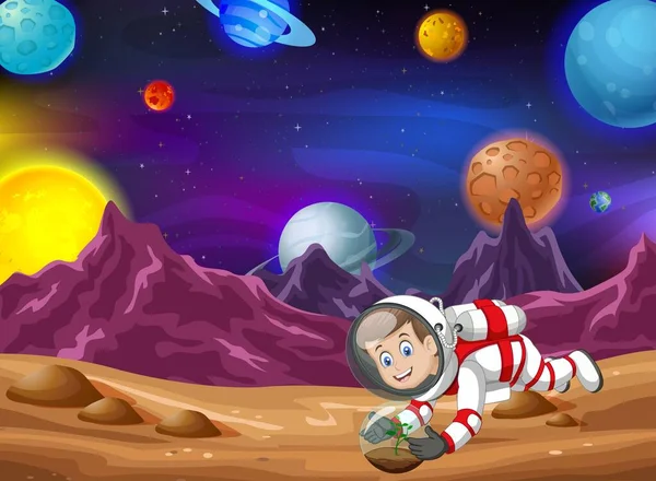 Cool Astronaut Man Mars Surface Other Planets Background Cartoon — стоковый вектор