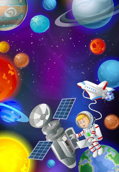 Astronauta Legal Com Satélite Avião Balancim Espaço Cartoon —  Vetores de Stock