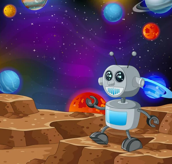 Cooler Roboter Marsoberfläche All Mit Anderen Planeten Bakcground Cartoon — Stockvektor