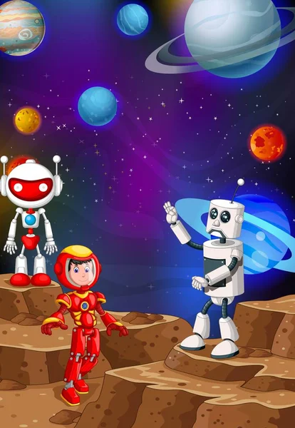 Ilustração Vetorial Robôs Homem Terno Robô Vermelho Com Fundo Espacial —  Vetores de Stock