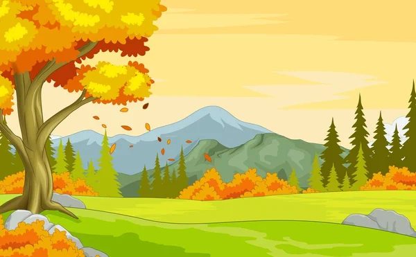 秋の風景のベクトル図 草原の木と山と森の景色 — ストックベクタ