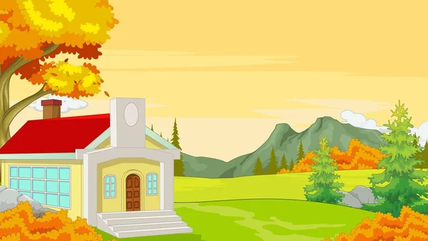 Singe House Polu Trawy Jesienny Las Drzewami Mountain Cartoon Wektor — Wektor stockowy