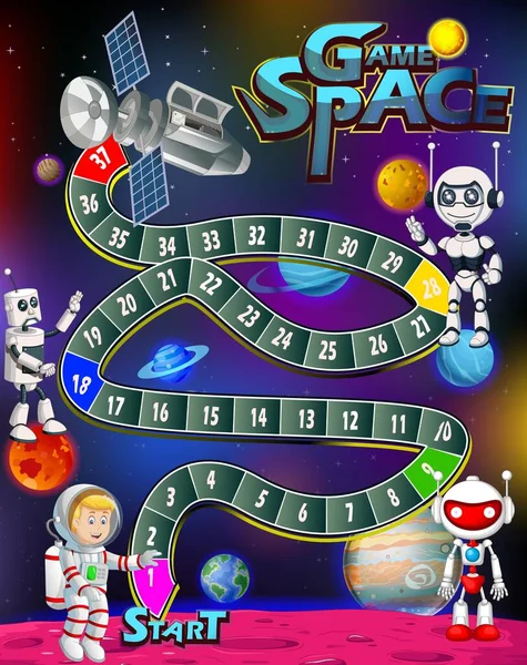 Игра Space Snake Ladder Роботами Роботами Космическом Мультфильме Space — стоковый вектор