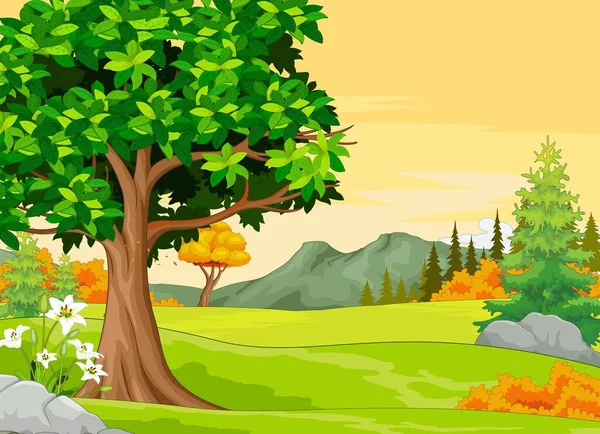 Paisagem Grama Campo Vista Com Árvores Flores Brancas Cartoon Vector — Vetor de Stock