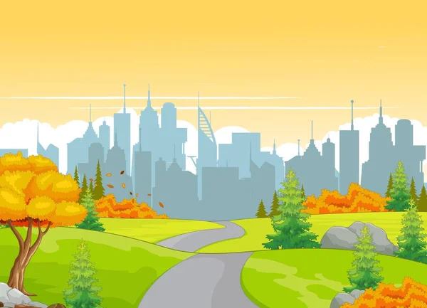 Paisaje Hierba Campo Vista Con Árboles Paisaje Urbano Silueta Ciudad — Vector de stock