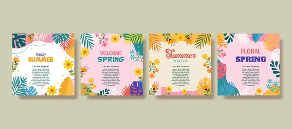 Plantilla Juego Tarjetas Felicitación Con Hojas Primavera Flores Para Publicación — Vector de stock