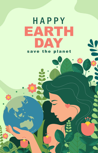 Международный день матери-Земли фон с красивой женщиной и растительной иллюстрацией