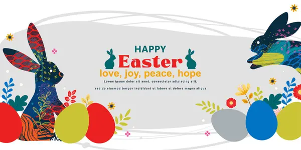 Frohe Ostern Banner Mit Rahmen Aus Eiern Hasen Und Frühlingsblumen lizenzfreie Stockvektoren