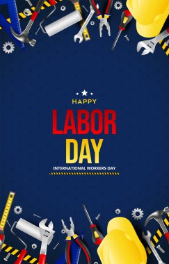 İnşaat araçlarıyla dolu İşçi Bayramı afişleriniz kutlu olsun. dikey arkaplan. vektör 10