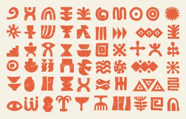 Elle çizilmiş vektör stilinde Afrika kabile sembolleri koleksiyonu. Grunge etnik geometrik simge seti. vektör baskısı