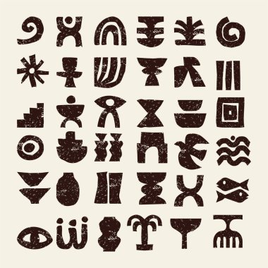 Elle çizilmiş vektör stilinde Afrika kabile sembolleri koleksiyonu. Grunge etnik geometrik simge seti. vektör baskısı