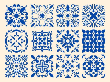 Akdeniz Amalfi Sahili desenleri koleksiyonu. Mavi seramik fayans seti. İspanyol fayans geleneksel tasarımı, vektör 10