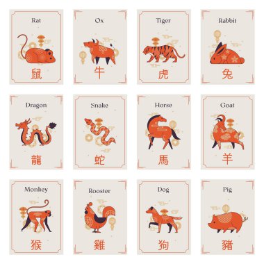 Turuncu renkli Çin burcu koleksiyonu, vektör 10