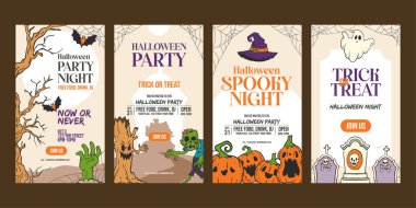 Cadılar Bayramı dikey poster koleksiyonu, modern poster, cadılar bayramı davetiyesi, cadılar bayramı sosyal medya hikaye koleksiyonu, 10 vektör yazdırma süresi