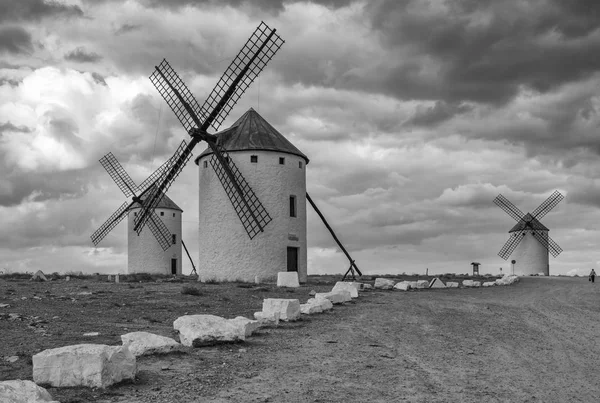 Black and White image of Don Quixote windmills — Stock Photo, Image