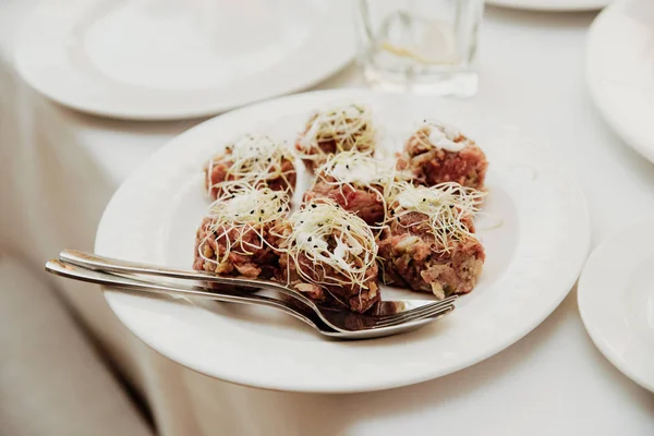 Close-up em tartare com queijo parmezan — Fotografia de Stock