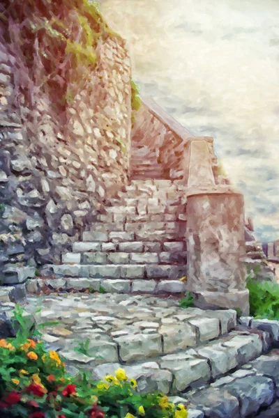 Close up on old ancient medival stone stairs, painting effect — Stock Photo, Image