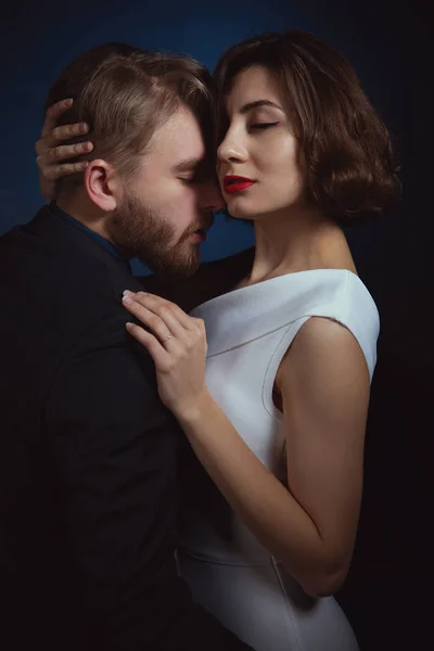 Girl Closes Her Eyes Fit Passion Presses Her Man — Stok fotoğraf