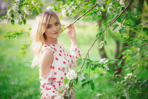 Красивая Женщина Выразительными Глазами Саду Apple — стоковое фото