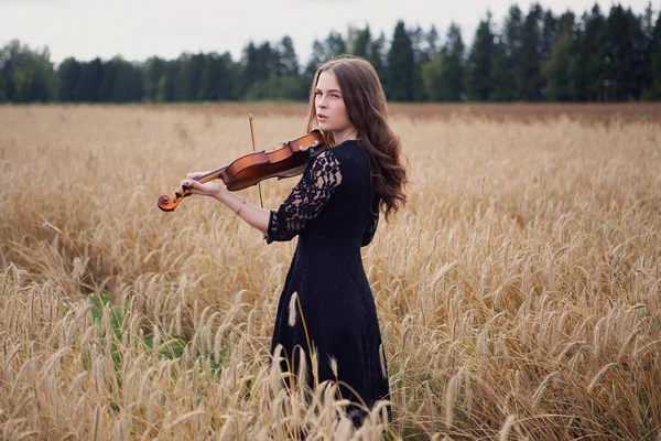 아름다운 청녀가 바이올린 연주를 중단하고 쳐다보고 바이올리니스트 — 스톡 사진