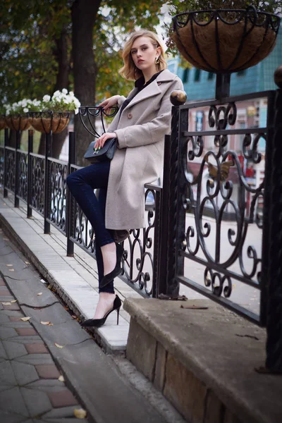 Una Bella Ragazza Con Cappotto Autunnale Siede Sulla Ringhiera Una — Foto Stock