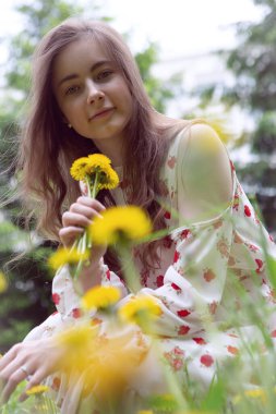 Hafif elbiseli çekici genç bir kadın ilk parlak çiçekleri topluyor.