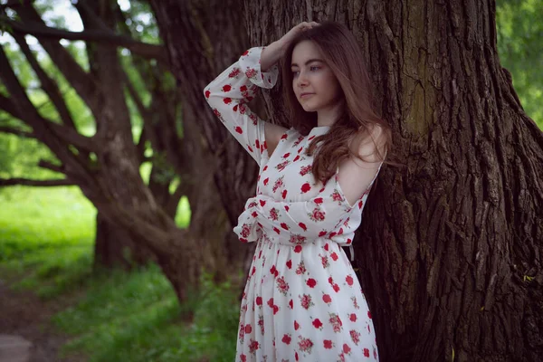 一位迷人的年轻女子站在公园的一棵大树旁 — 图库照片