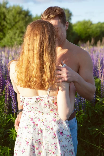 Portré egy szerelmes férfiról és nőről, akik gyengéden csókolóznak egy virágzó csillagmezőn egy fényes, napos napon. — Stock Fotó