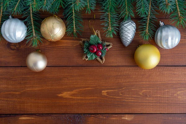Fondo Navidad Con Árbol Navidad Decoración Tablero Madera Oscura Vista — Foto de Stock