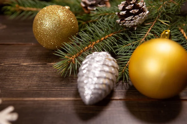 Navidad Año Nuevo Fondo Madera Oscura Tablero Navidad Decorado Con — Foto de Stock