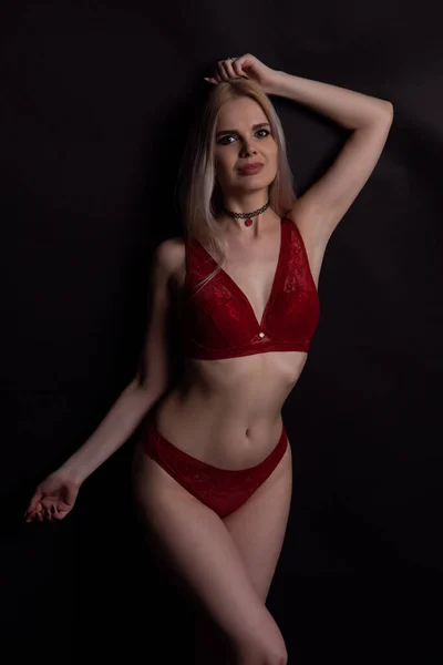 Charming Young Blonde Woman Red Lace Underwear Posing Dark Background — Stock Photo, Image