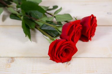Hafif ahşap arka planda üç kırmızı gül Sevgililer Günü ya da anneler günü için en iyi hediyedir..