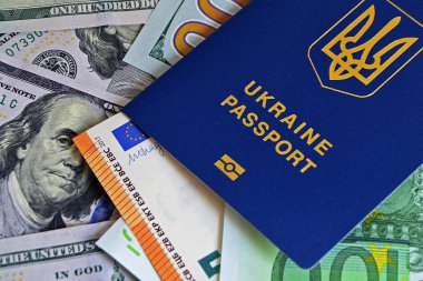 Ukrayna biyometrik pasaportu kağıt avro banknotları ve dolarların üzerinde. Konsept: maaş zammı, Ukraynalılar çalışmak için Avrupa 'ya, çalışmak için göç, yurtdışına tatil, Avrupa' ya vize.