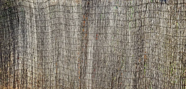 성숙한 대나무 통으로 만든 요소 울타리, 결국 벗겨태양과 비의 영향으로 조각 검은 옻칠로 그린 — 스톡 사진