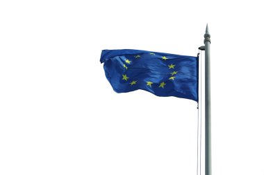 European Union flag on flagpole on white background. Isolated image