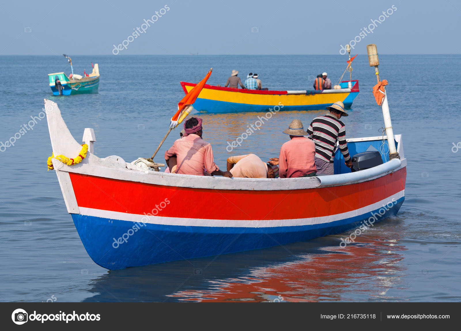 Indian Fishermen Catching Fish Food Wooden Boats Arabian Sea