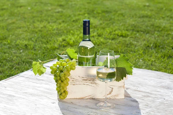 Vino Blanco Sobre Mesa Vintage Blanca Madera Con Césped Verde — Foto de Stock