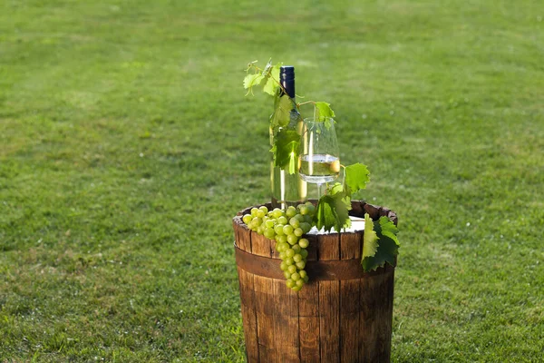 Vino Blanco Barrica Vintage Madera Con Césped Verde Sobre Fondo — Foto de Stock