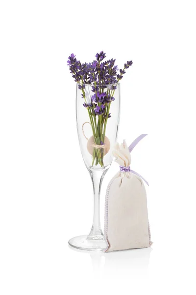 Aromatic Lavender Bouquet Champagne Glass Isolated White Background — Stock Photo, Image