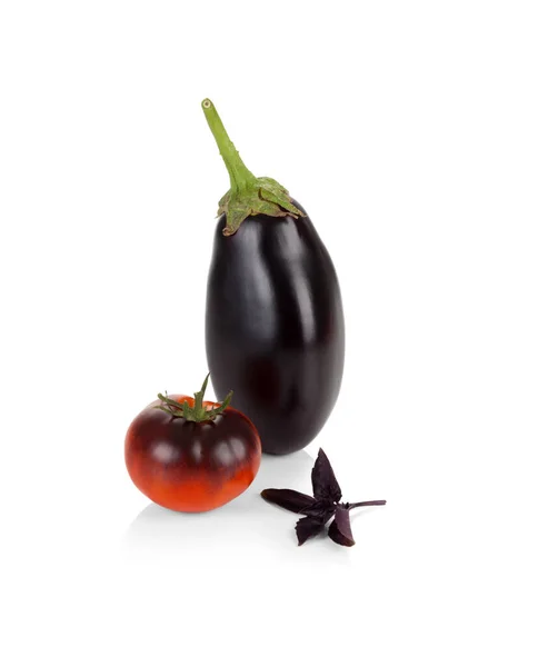 Fresh Organic Vegetables Eggplant Tomato Basil Isolated White Background — Stock Photo, Image