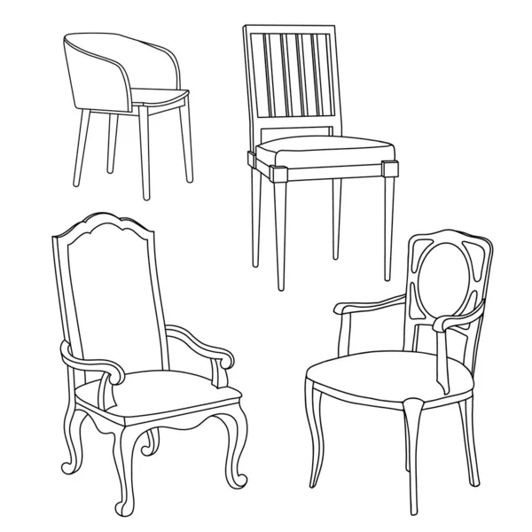 Vector Handgezeichnete Isolierte Schwarz Weiße Sessel Und Stühle — Stockvektor