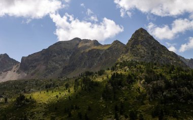 Panoramik arka planda keskin dağlar ile bir ağaç çizgi boyunca yansıtılıyor ışık.